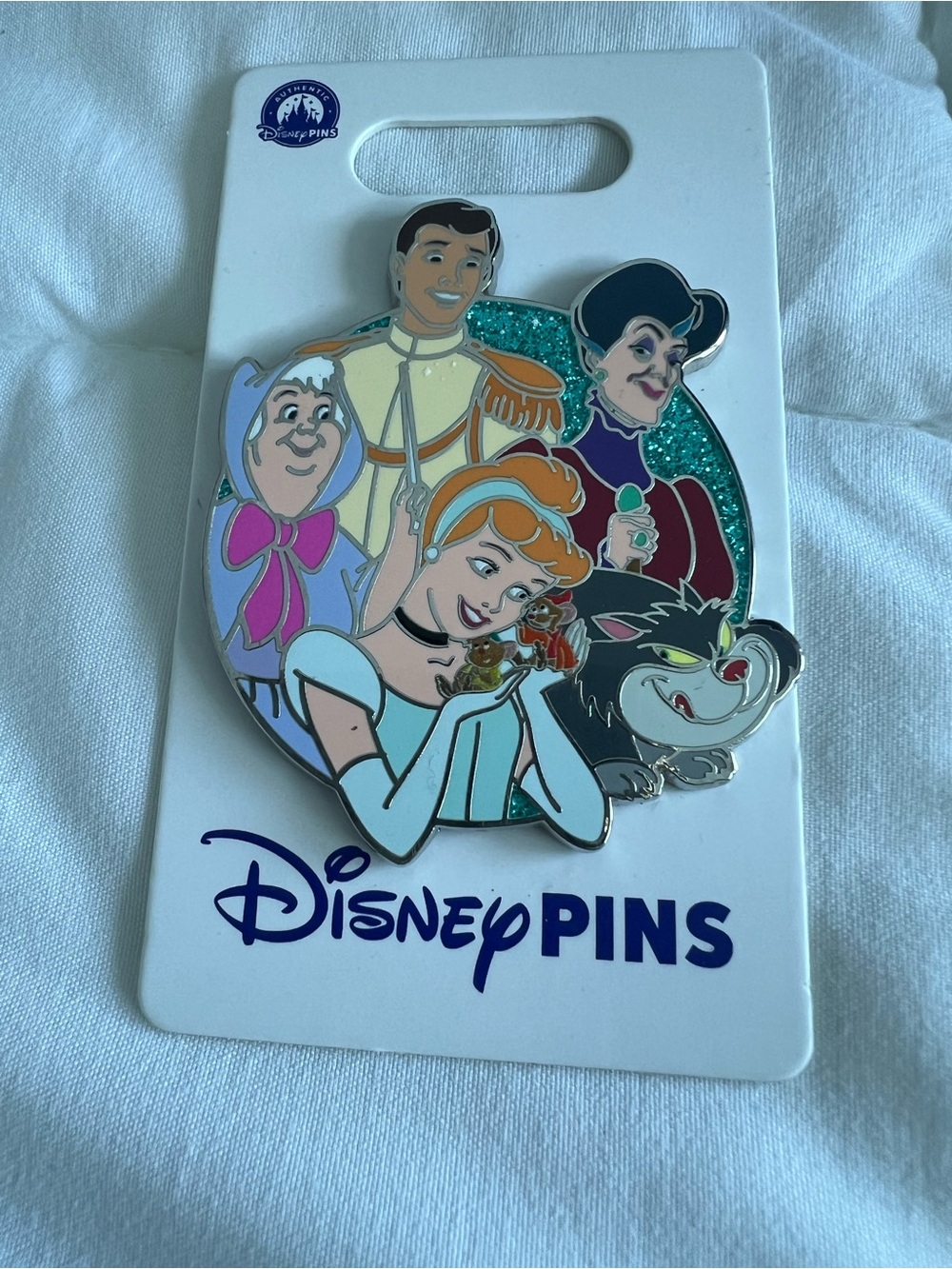 Disney Cinderella Enamel Pin with Teal Glitter and Multi-Color Characters